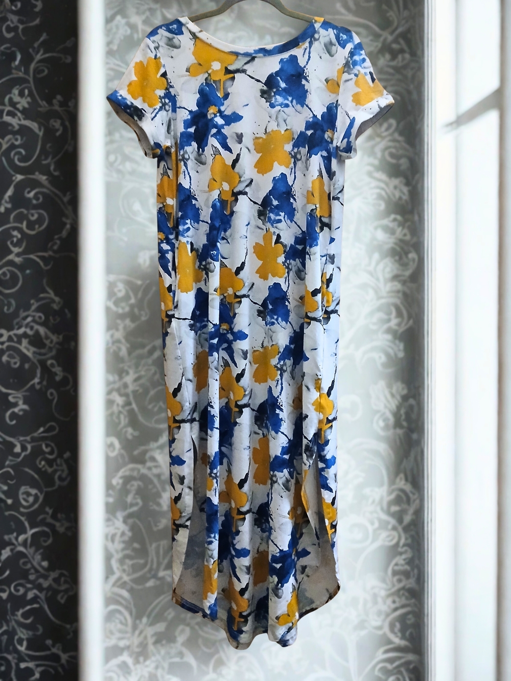 Women's Short Sleeve Floral Maxi Dress in White,  Blue and Yellow